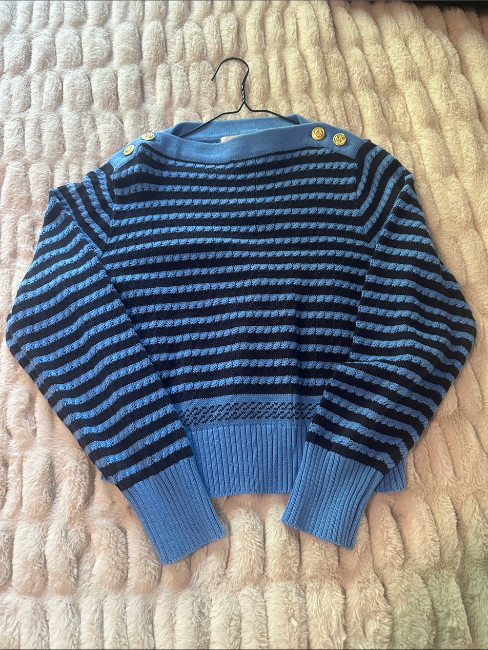 Striped Blue Crewneck Sweater with Button-Shoulder Detail
